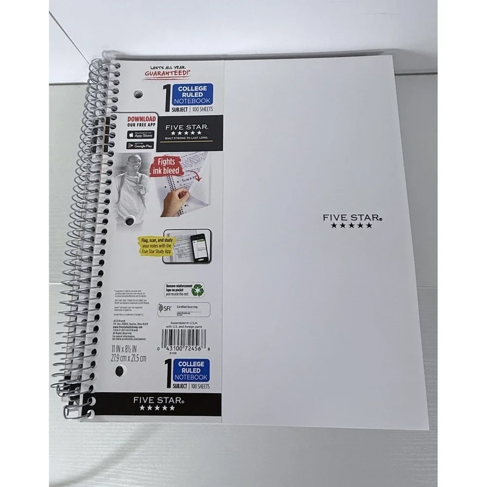 3x Five Star Spiral Notebook College Ruled 100 Sheets White 1-Subject 72456 NEW‎